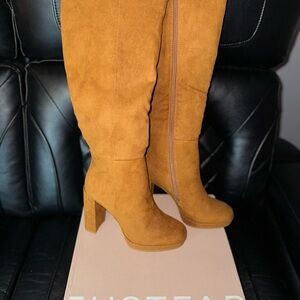 JustFab Tan Heeled Boots with Chunky Block Heel